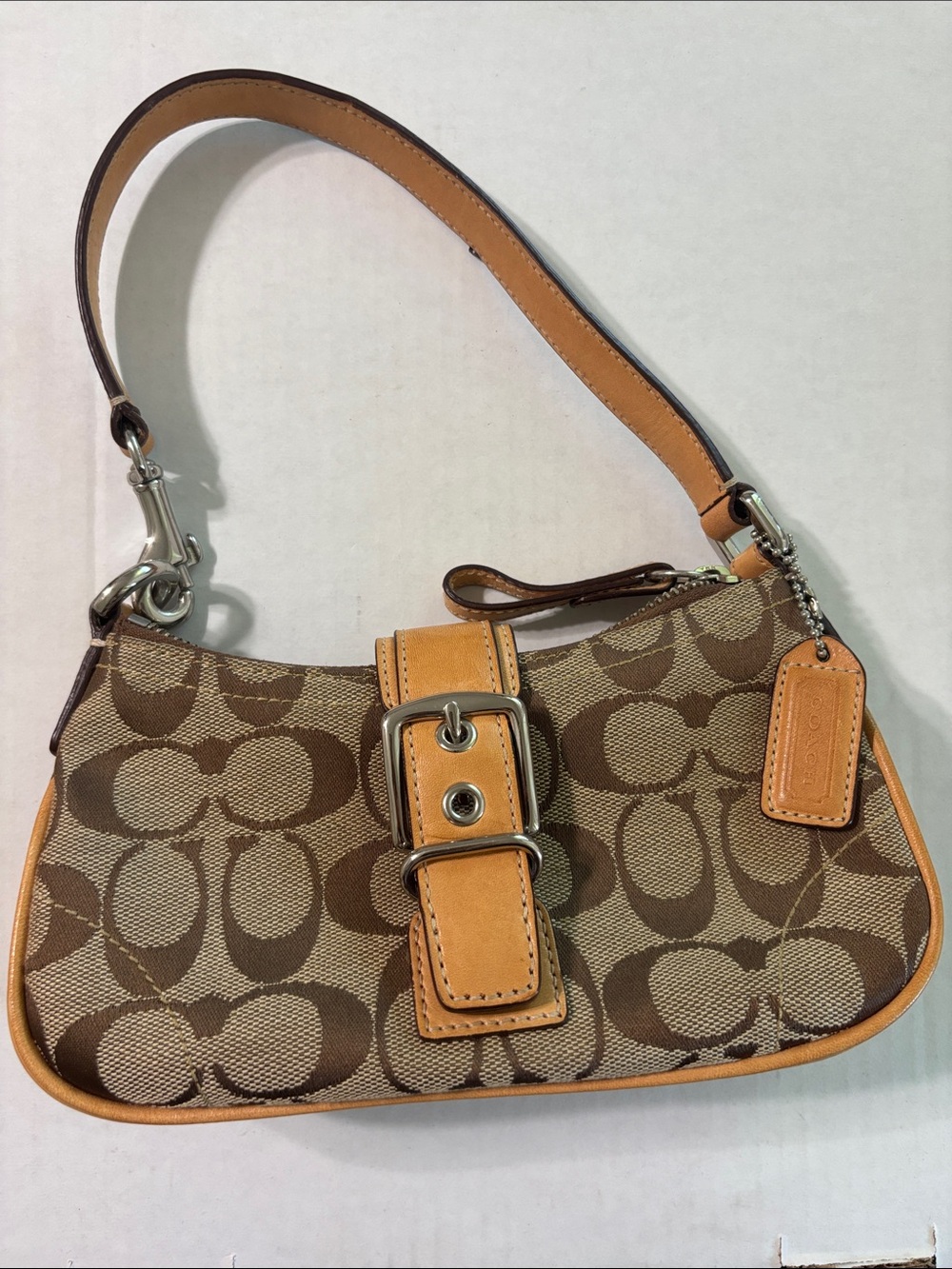 Coach Brown Signature Canvas Shoulder Bag with Tan Leather Trim